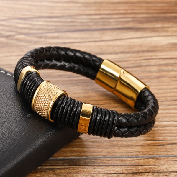 Men's Stainless Steel Leather Bracelet Black and Gold Magnet