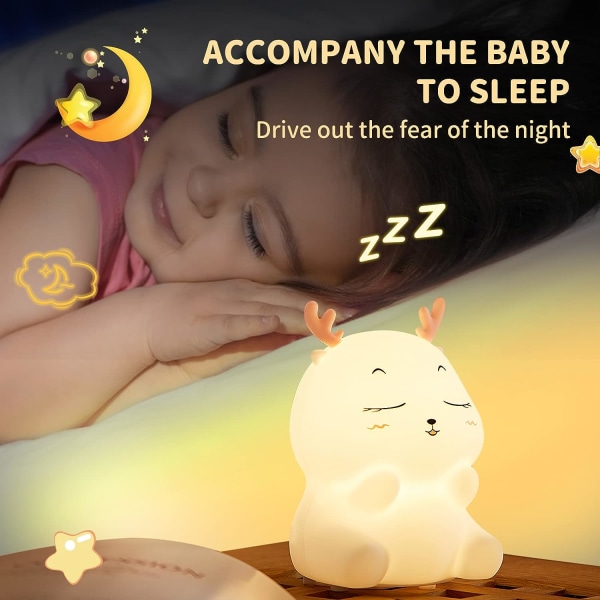 (Hjort) Genopladelig Børne Natlampe Baby Lampe, 7 Farver LED Natlampe Piger, Silikone Touch Sengelampe til Børn Voksen Soveværelse Nyfødt Dekoration
