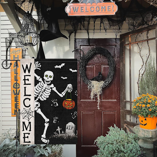 1 st Halloween-flagga med dödskalle för trädgården 12x18 dubbelsidig, säckväv, liten, läskig, välkommen, pumpa, fladdermus, trädgård, hus, fla