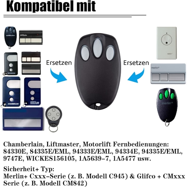 1 pakke 433,92 MHz håndholdt sender erstatning garageport fjernbetjening til MERLIN+ C945, CM842