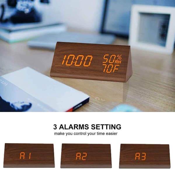 Digital väckarklocka med träelektronisk LED-tidsdisplay 3 Ala