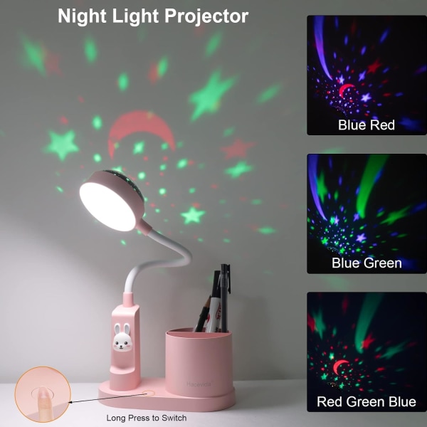 (Pink) Børne Skrivebordslampe, Studie Bordlampe med Penneholder, Auto Farveskiftende Sengebordslampe, Justerbar R