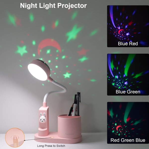(Rosa) Bordlampe for barn, arbeidsbordlampe med penneholder, automatisk fargeskiftende nattbordslampe, dimbar R