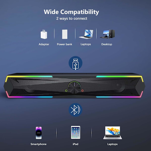 PC-højttaler, Soundbar med RGB-lys, USB eller Bluetooth-forbindelse