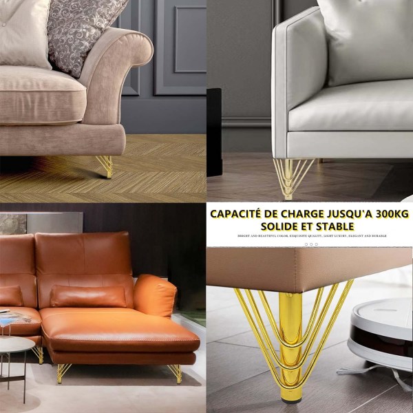 4 guld metalmøbelben, moderne chik og elegant erstatningssofaben, ben til 15 cm sofabord, tv