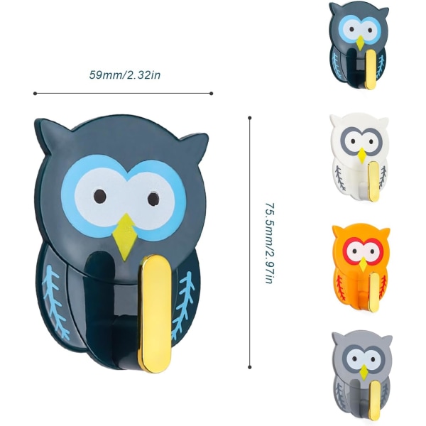 (Green)4 Pieces Owl Hooks, Adhesive Hooks for Kids, No Drilling Wall Mounted Coat Rack, Kids Wardrob