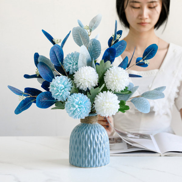 Blå Drøm Kunstige Blomster med Vase Falsk Hortensia Arrangement