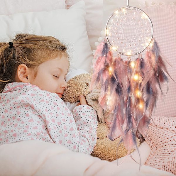 1 stk Drømmesnapper Lys Op Håndlavet Fjer Drømmesnappere Boho Væghængning til Piger Børn Soveværelse Bohemian Hjem Dec