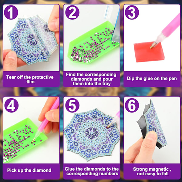 12 kpl Jääkaapin Timanttimaalausmagneetteja - Helppo DIY-setti aikuisille - Klassiset Mandala-kodin sisustukset