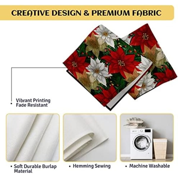 Julröd Guld Poinsettia Bordlöpare, Jul Vinter Liten Burlap Bordlöpare Säsongsbetonad Semester Kök Matbord Deko