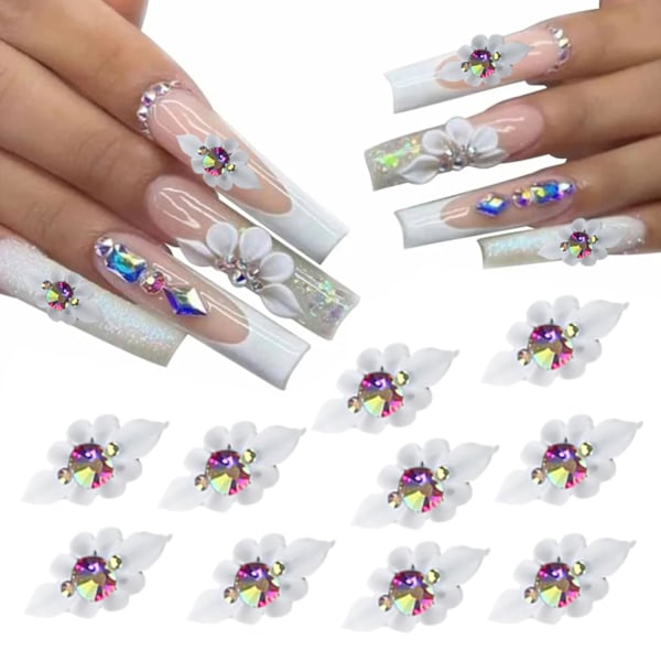 (Hvit) 10 stk Hvite Blomster Neglepynt Blomsterpynt for Negle 3D Blomst for Negle Inlay AB Rhinestones Akrylblomster f