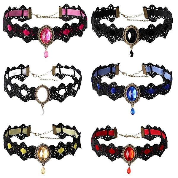 6 stk farverige Retro Håndlavede Choker Halskæder til Kvinder Gothic Sort Blonder Halskæde til Halloween Punk Kostumefest Royal