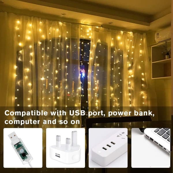 Gardinstenger, 300 LED-lys med 8 moduser USB-drevne