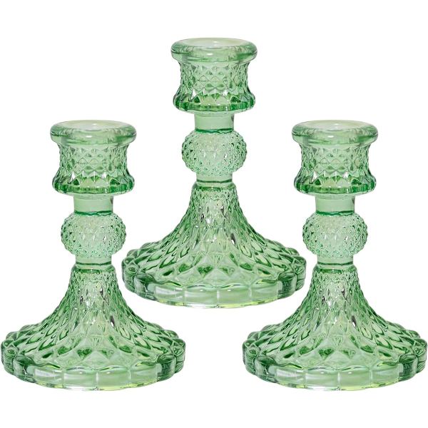 Glass Lysestakeholder for Tapperte og Søylelys, Skrivebordsdekorasjon for Bryllup Middagsfest - 3 stk (Grønn)