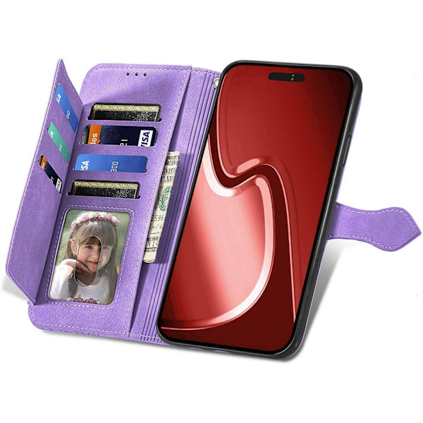 Etuier til iPhone 16 Pro Max Pungetui til Kvinder med Kortlomme Præget Blomst Lynlås Pung PU Læder Flip Cover w