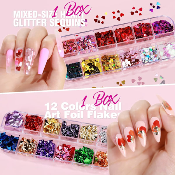 1 Set Nageldekaler, 12 Ark Nagelkonstdekaler 3D Självhäftande och 5 Askar Fjärilsnagelpaljetter Hjärta Glitterfolie