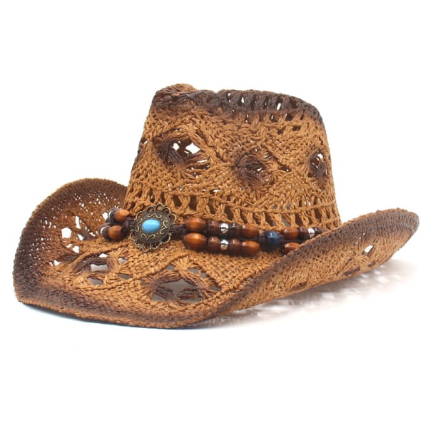 (brun)Unisex ihålig halm cowboyhatt, bredbrättad cowboy solhatt w