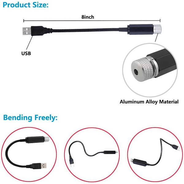 USB Stjerneprojektor nattlys, taklys til bil, bærbare justerbare romantiske interiørlys til bil, bærbart USB nattlys