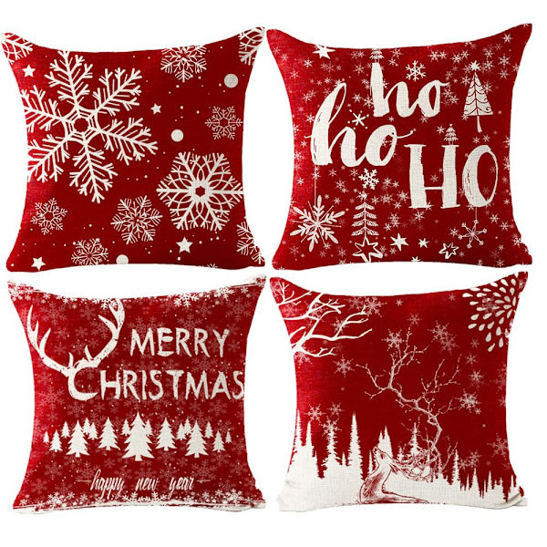 Set med 4 kuddfodral 45x45 CM Röd snöflinga Soffa kudde Varm S
