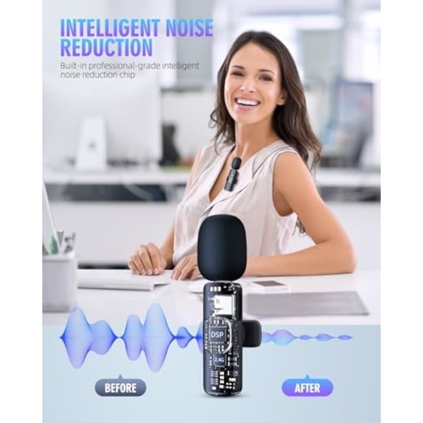 3-i-1 Trådløse Lavalier-mikrofoner for iPhone, iPad, Android, Kamera, USB-C Mikrofon, 7-timers Batteri, Mini Mikrofon