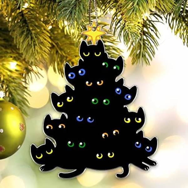 Sorte Katte Julepynt - Sorte Katteøjne Akryl Flad Pynt - Sød og Spooky Juletræspynt til Katteelskende