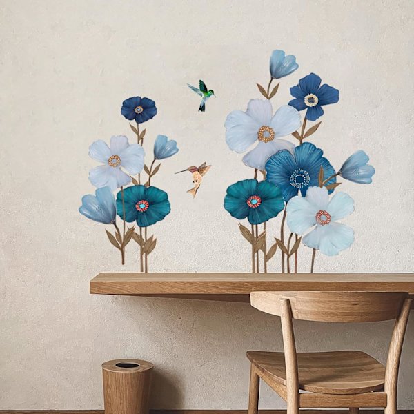 Blå och vit blomväggdekal, blommig växtväggdekal, flygande fågel väggdekal, lämplig för vardagsrum, sovrum, hemmakontor, soffbakgrund