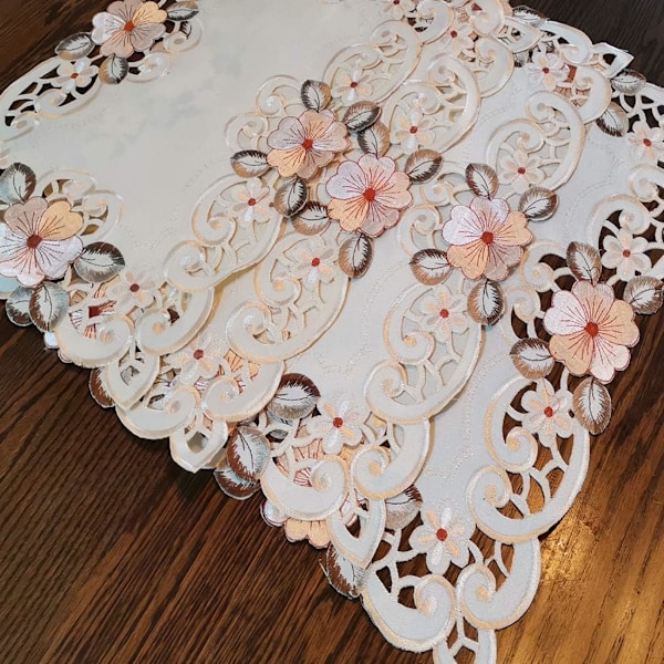 Set med 4 Broderade Rosa Blommiga Underlägg, 30 X 45cm Rektangulära Klassiska Spets Beige Lunchunderlägg Heminredning