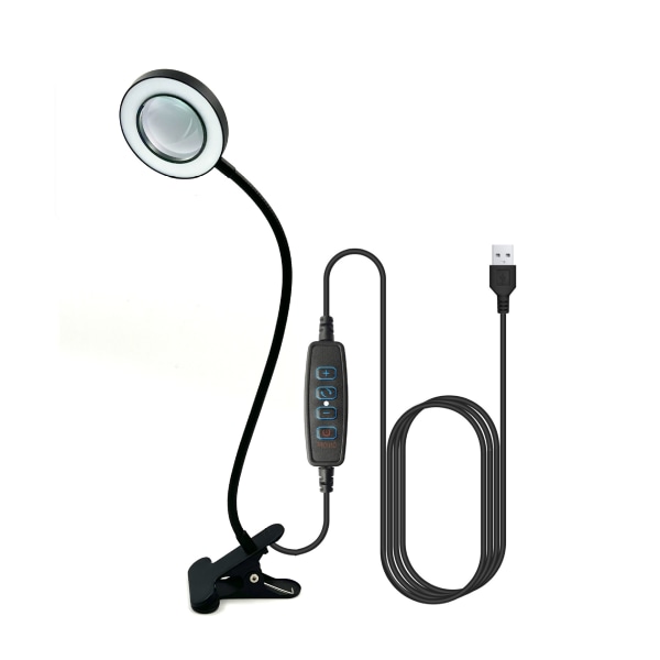 LED-bordslampe med forstørrelsesglass, klipslampe med USB-lader, 360° fleksibel leselampe med klips,