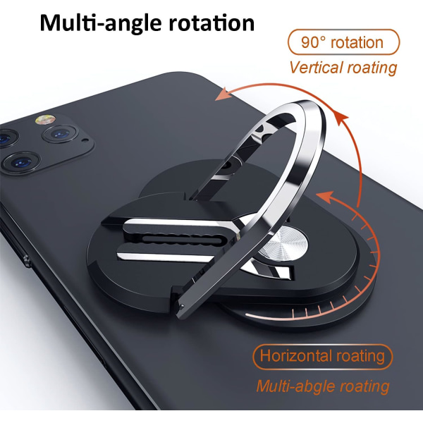 (Sort + Sølv) 2-delers biltelefonholder, multifunksjonell 360° roterbar telefonholderring, kan