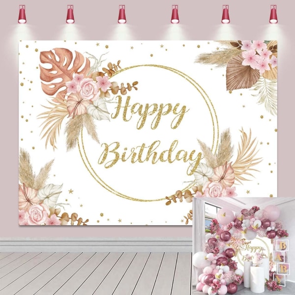 7x5FT Bohemian Happy Birthday Backdrop for Girls - Pink Pampas Gr