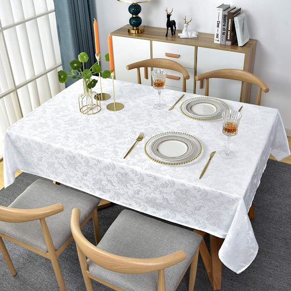 (Rektangulär/Långsträckt, 130 x 180 CM (4-6 Sittplatser)) Jacquard Bordsduk Blommig Damask Bordsduk Sp White