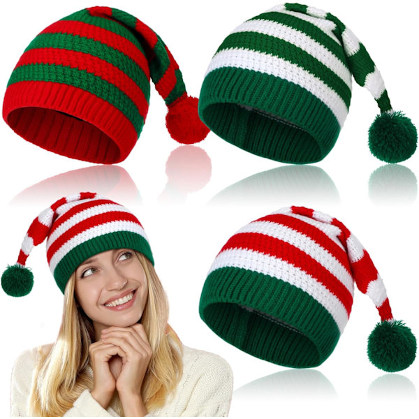 3 stk Jule-Strikklue Santa-Hatter Elf-Hatt Heklet Julelue Julebordsluer for Voksne Kvinner Menn