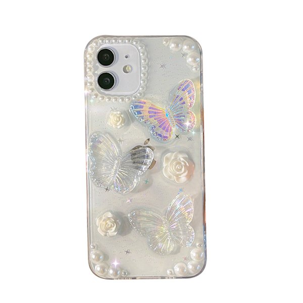 Kompatibel med iPhone 16 Pro Max 6,9\" Klar Case Sød 3D Sommerfugl Blomster Blomst Glitrende Perle Krystal Beskyttende