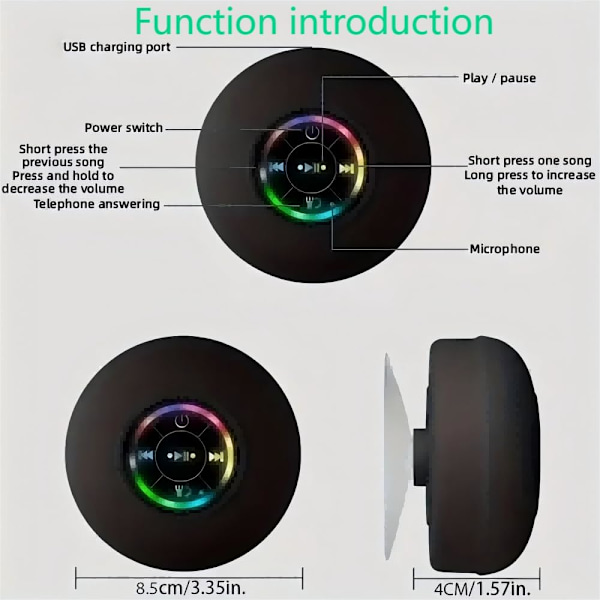 Bluetooth Duschhögtalare Trådlös Portabel Mini Horn Högtalare Sugpropp för Badrum Stereo Bas Trådlös Trumpet Stöd LED-Ljus för Dusch Hem a
