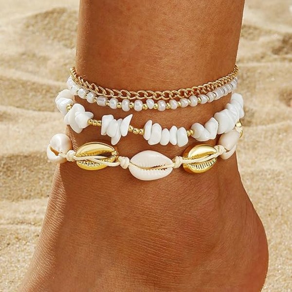 Nilkkakoru-setti naisille, kultainen Boho-helmillä säädettävä nilkkakoru, Havaijilainen ranta simpukkahelmi sydän meritähti kotilo jalkakoru lahjat