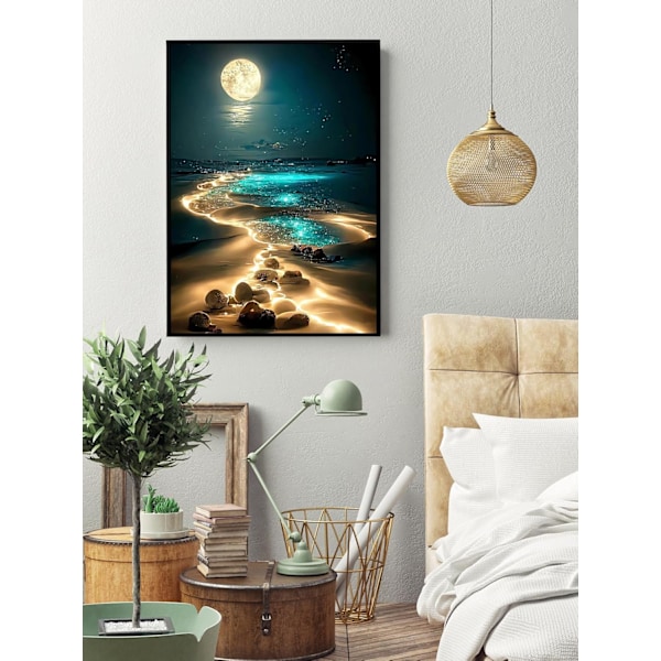 30x40 cm Kuutamo Ranta Timanttimaalaussarjat Aikuisille, 5D Merenranta Kuu Timanttitaidesarjat Aloittelijoille, DIY Täysi Porras Maali Timanteilla, Koti Se