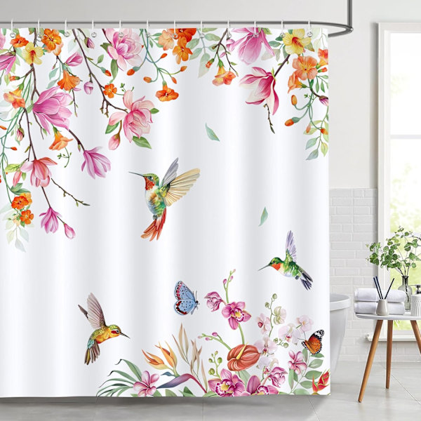 Farverigt Kolibri Bruseforhæng - Akvarel Forårsblomst, Vandtæt Skimmelsikker Polyesterstof Vaskbart til Badeværelse - 180 x 180 cm med