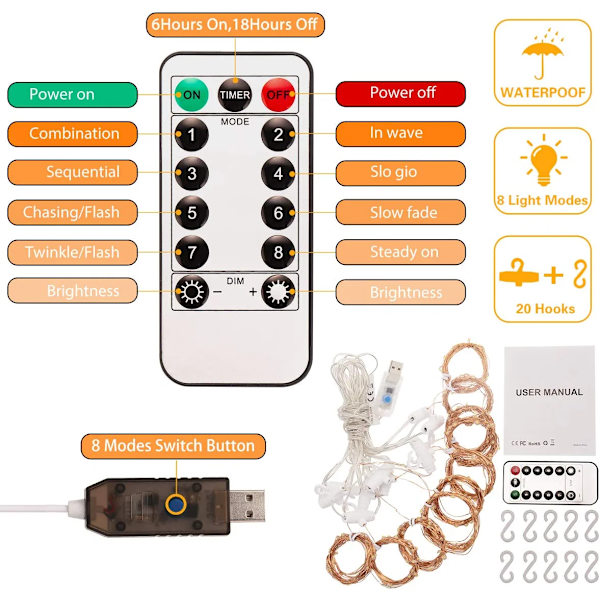 300 LED-gardinlampor, LED-ljusslingor gardin och timer med fjärrkontroll, USB-driven, 8 L