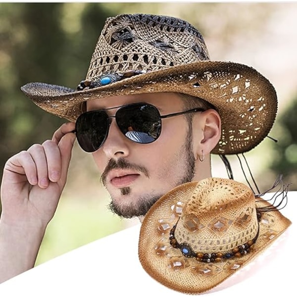 (begie) Unisex ontto olki cowboy-hattu, leveälierinen cowboy-aurinkohattu w