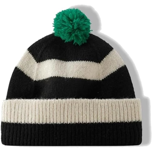 Unisex Koselig Stripete Beanie med Pompom - Vinterstrikket Hatt med Mansjett