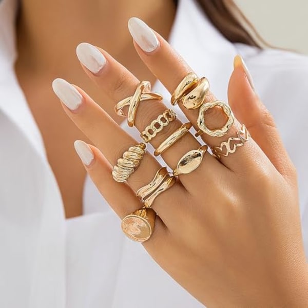Tykke Guld Knogle Ringe Overdrevne Geometriske Kuppel Led Ring Sæt Justerbar Tåreformet Hul Statement Åbne Ringe Smykke