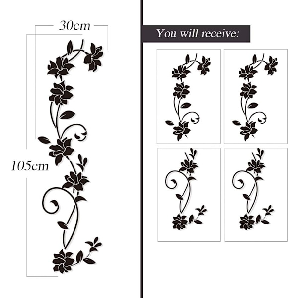 2 Set Väggdekaler 105 x30cm Svart Vinranka Blomdesign PVC Väggdekal för Barnrum Vardagsrum Kontor Restaurang Butiksdekoration