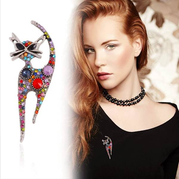 Rhinestone Cat Brosch Pin för Kvinnor Flickor Silverpläterad Mode Söta Färgglada Kristaller Ani