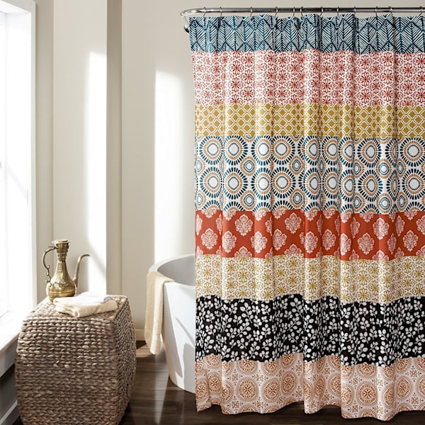 Boheme Stribet Bruseforhæng, 180x180cm, Turkis & Orange - Fortryllende og Dristig Farverigt Design Perfekt til Boho Bad