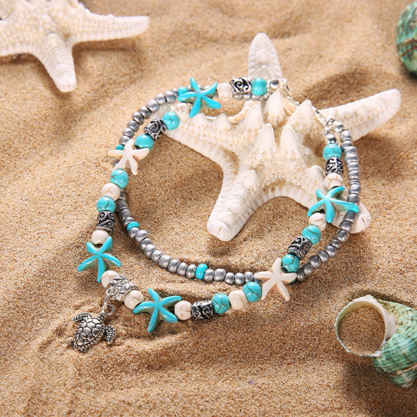 Seashell Anklet Starfish Turquoise Anklet Bracelet Silver Foot Chain Jewelry for Women and