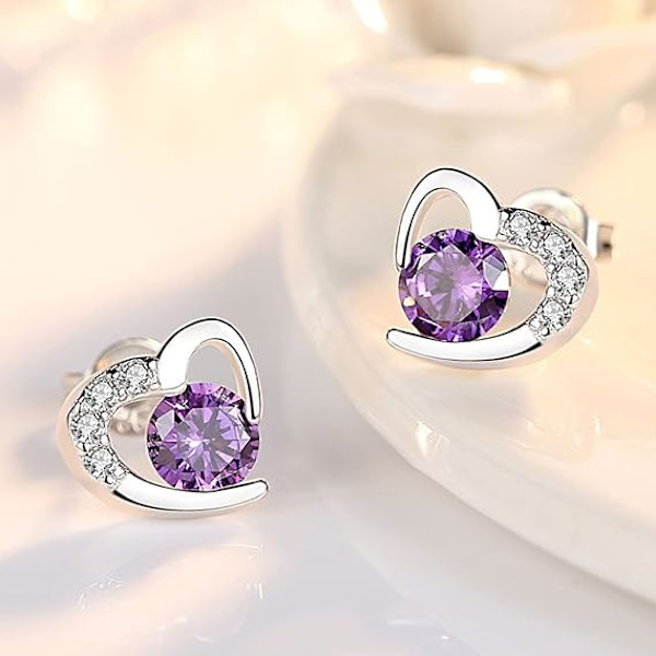 Sølv Stud Øreringe til Kvinder, Stud Øreringe Hvidguld Kubisk Zirkonia Hjerte Studs│Sarte Øre Purple