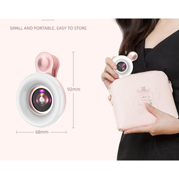 (Pink) Mobiltelefon Opladning 15X Makro Objektiv Selfie Flash Rejseklips