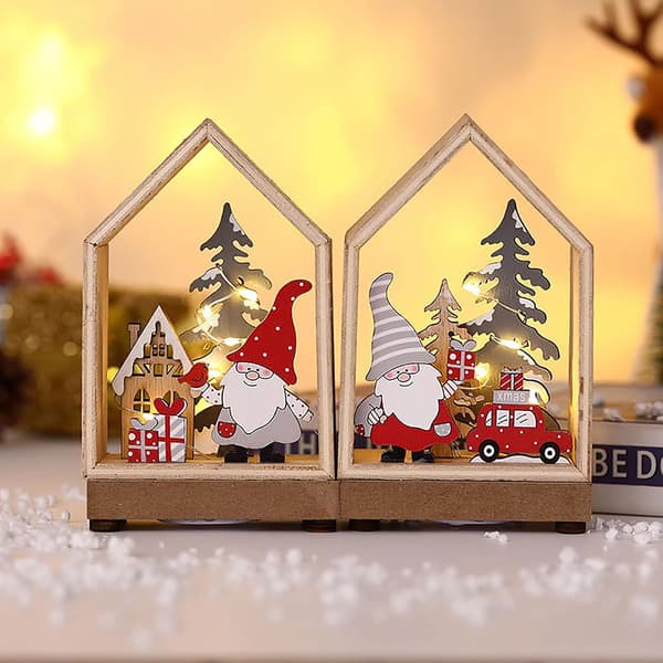 2 st juldekoration i trä med LED-ljus, tomte, snögubbe, älg