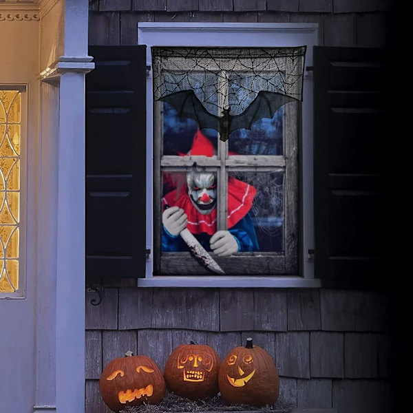 2 kpl 100 X 60 CM musta pitsi Halloween ikkunan verhot, hämähäkinverkko