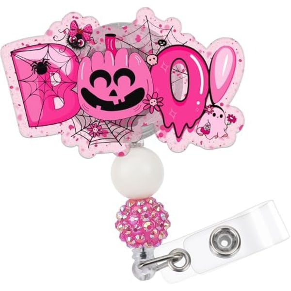 Halloween-nyckelbandsrulle - Söt Rosa Boo Pumpa ID-Korthållare med Alligatorclips och Glitterpärlor för Nu